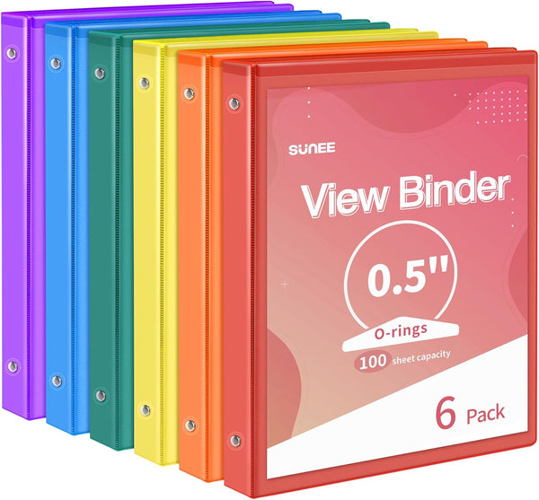 SUNEE 3 Ring Binder 1/2 Inch, 6 Pack Clear View Binder PVC-Free for School or Office Supplies, Classic Colors