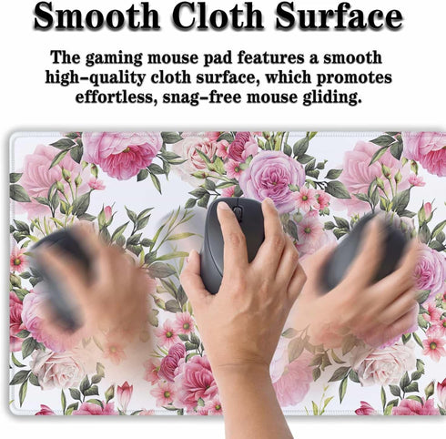 Pink Desk Mat Mouse Pad for Women - Extra Large 35.4" x 15.7" Non-Slip Rubber Base for Game Office, Roses Wreath