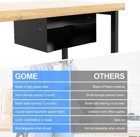 GOME Under Desk Storage Metal Shelf, Double Layer Adjustable Tray Organizer for Office Desks