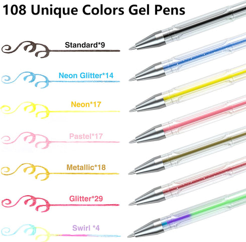 Gel Pens 108 Colours Gel Pen Set for Adult Colouring Books Art Markers by Lineon