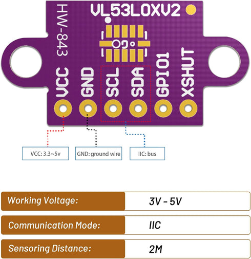 Starry 5pcs VL53L0X 940nm 2.8-5V GY-VL53L0XV2 I2C Time-of-Flight (ToF) Ranging Sensor Breakout Laser Distance Module
