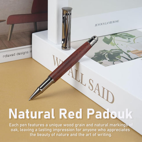 WEMATE Wood Rollerball Pen Set with 2 Extra Ink Refills (1 Black & 1 Blue), Luxury Office Gift for Men