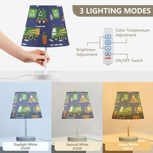 Krafig Garbage Trucks and Trash Bins Table Lamp Nightstand Lamp with Linen Fabric Lamp Shade Night Light Bedside Desk