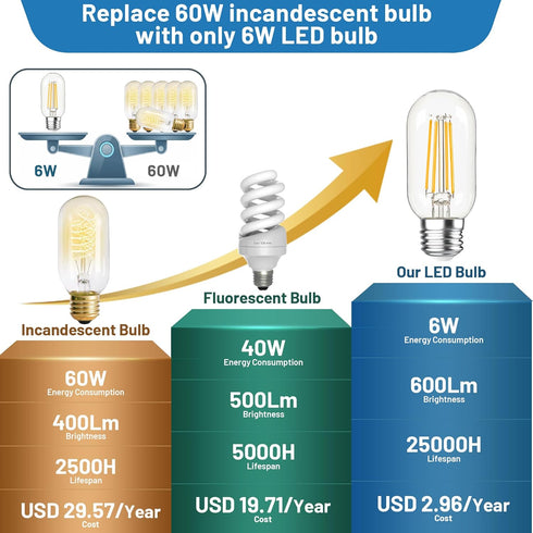 Dimmable E26 Bulbs 60Watt, 4.3 inches T45/T14 6W Bulbs, 900Lumen Bulbs,2700K Scones(2pcs) LED Edsion Tubular Light