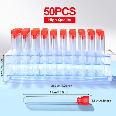 YGDZ Test Tubes with Rack, 50pcs 16x100mm Clear Plastic Test Tubes with Caps and Holder Rack for Nurse Party Decorations Halloween Party Favors