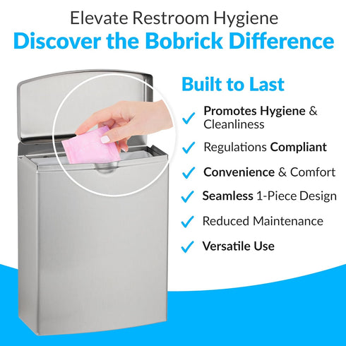 Bobrick Sanitary Napkin Disposal Wall Mounted Stainless Steel Flip Top Receptacle, 1 Gallon Capacity, Model B-270