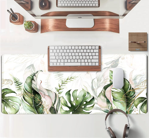 Green Tropical Leaves Desk Mat XL - Large Gaming Mouse Pad for Laptop, Keyboard, Office Decor, 31.5x11.8 in