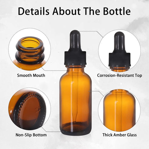 48 Pack 1oz Amber Glass Bottles with Glass Eye Droppers for Essential Oils, Perfumes & Lab Chemicals (54 Pieces Labels)