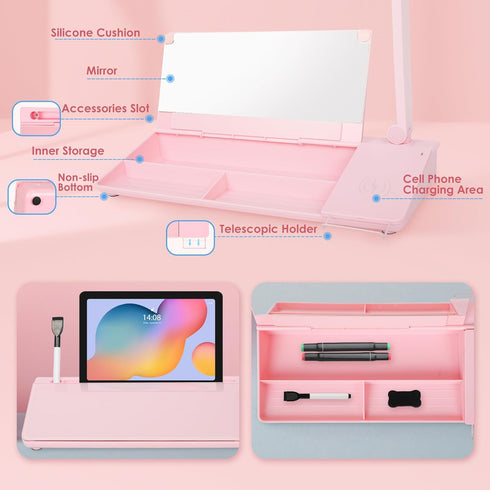 SHANTRA 16" x 7" Desktop Whiteboard, Fast Charger Station & Adjustable LED Lamp, Pink Desk Dry Erase Board
