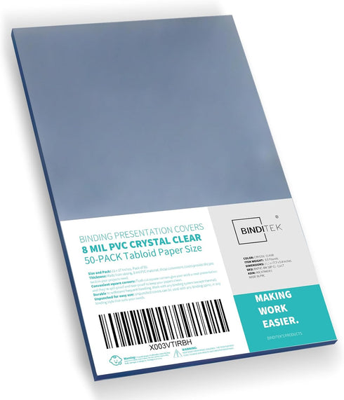 Binditek 50 Pack 8 Mil PVC Binding Presentation Covers, Clear Binding Front Covers for 11 x 17 Inches Report Cover