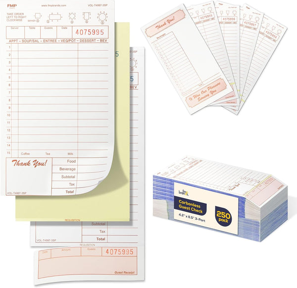 FMP Brands 3 Part Carbonless Guest Checks Pads, Perforated Server Note Pads