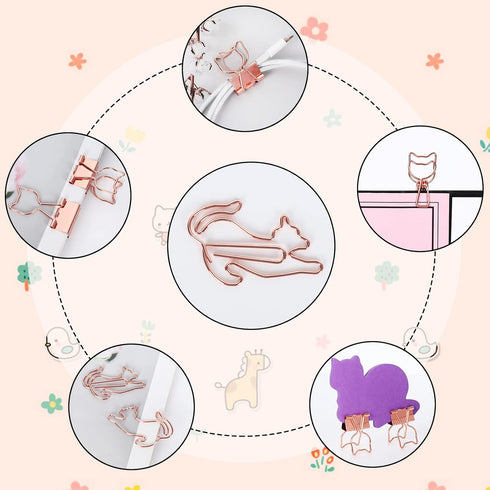 Whaline 80Pcs Cat Shaped Metal Binder Clips, Acrylic Crystal Box, 3 Design Rose Gold Cute Paper Clips for Gifts