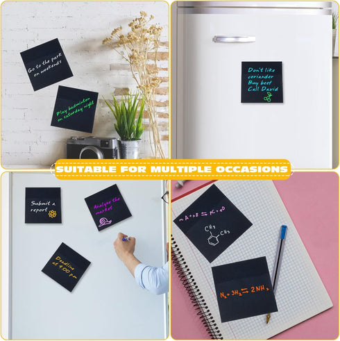Black Sticky Notes, 3"x3" Post It Notes with 2 Metallic Pens, 6 Pads - Self-Stick Notes Bulk for School, Home,
