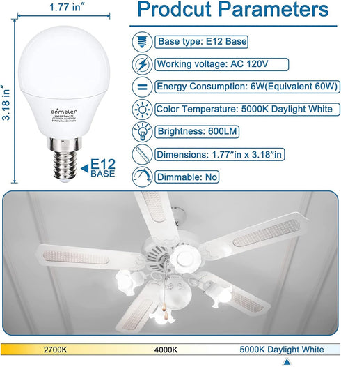 comzler Ceiling Fan Light Bulbs Candelabra LED Bulbs - 60 watt Equivalent, 5000K Daylight White Candelabra E12 Base A15 Small Light Bulbs,600lm,Non-Dimmable, Pack of 6 by comzler