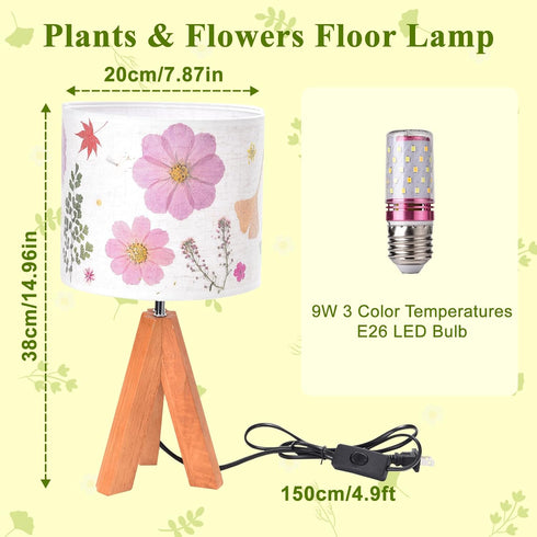 14.96in, 9W 3-Color Dried Flowers Tripod Table Lamp LED Cute Bedside Lamp with Flowers Linen Lampshade for Nursery