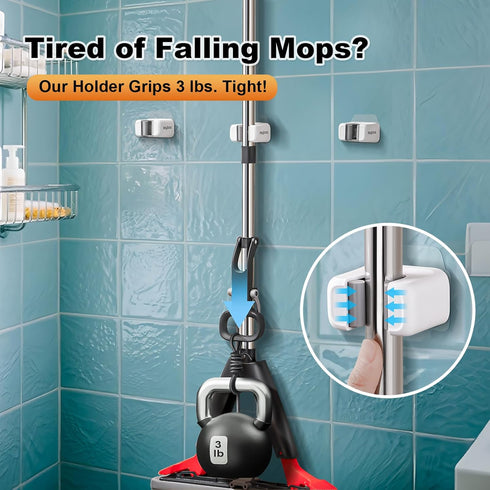 6 Pack funest Mop and Broom Holder Wall Mount, No Drill Needed Self Adhesive, Non-Slip Mop Grippers for Tile Walls