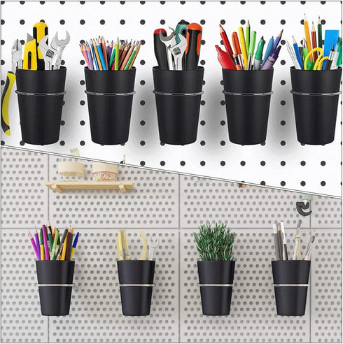 5pcs Set, Black Pegboard Cup and Hook Nail and Screw Organizer Cups with Hooks for Garage, Workshop, and Workbench