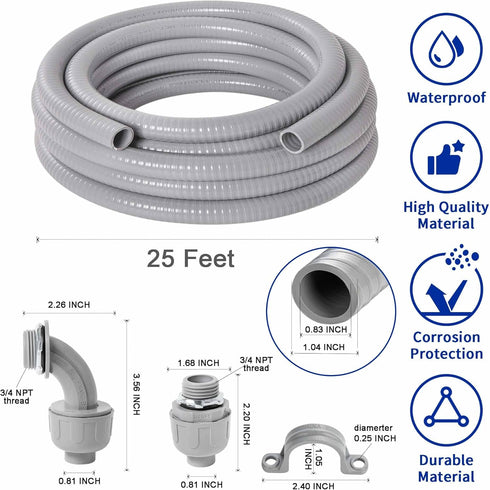 Yariwiz Flexible Electrical Conduit Kit (3/4" Dia * 25 Feet) with 3 PCS Coupling, 3 PCS Elbow, 7 PCS Strap, Liquid