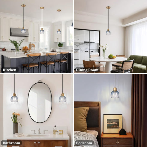TALOYA Pendant Light with Blue Tulip Glass Lampshade, Brass Vintage Pendant Light Adjustable Hanging Light for Kitchen