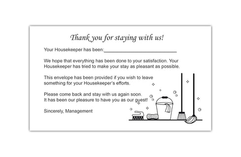 Housekeeping Hotel Motel Tip Envelope - Gummed Seal White with Black Ink (Pack of 250)