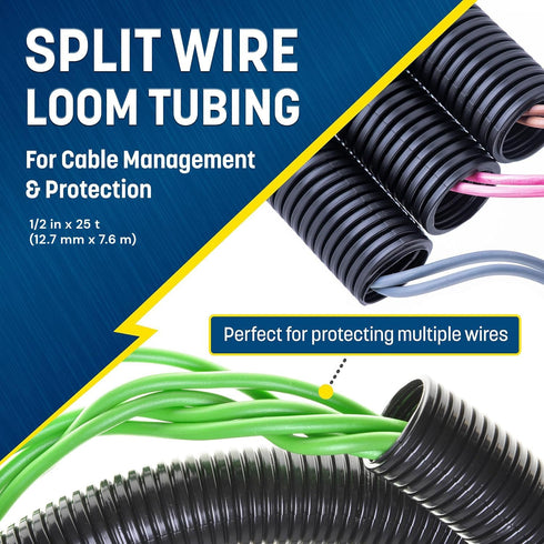 GS Power Wire Loom 1/2 Inch x 25 Ft Split Cable Sleeves for Industrial Electrical Wires, High Temperature