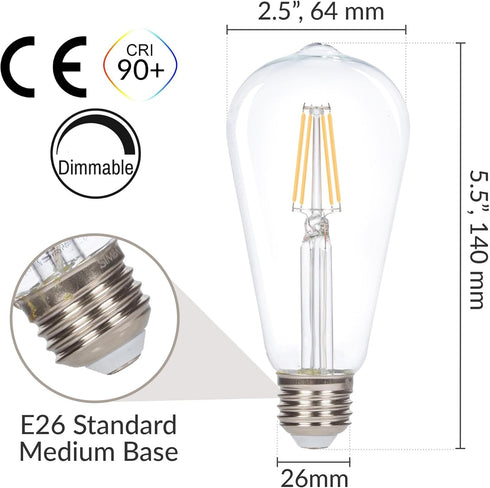 ST21 (ST64) Bulbs (6 Pack) 6W Dimmable 60W E26 2700K Simba Lighting LED Edison Vintage Filament Light Equivalent Clear