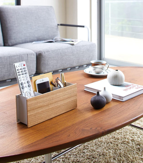 Yamazaki Home Caddy Desk TV Pen Holder | Steel + Wood | Remote Control & Tablet Organizer, Small