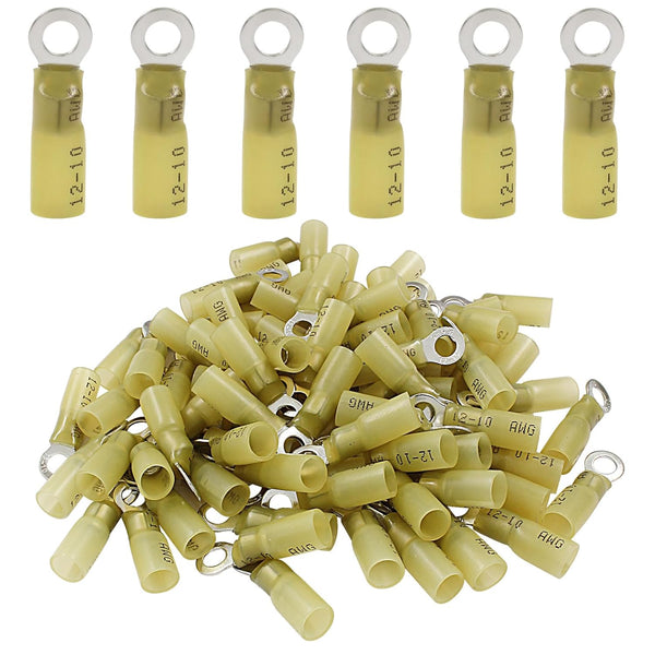 Hordion 100pcs Heat Shrink Ring Terminals #10 AWG 12-10, Waterproof Insulated Electrical Connectors for Automotive