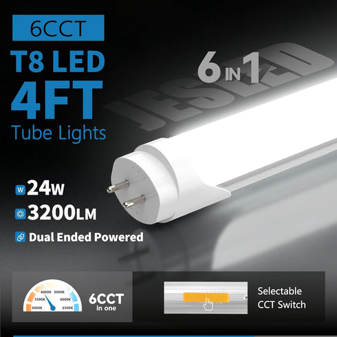 T8 Bulbs 4 4ft 24W, 3200LM, 6 CCT(3000K-6500K) Bulb 48 Inch T10 T12 2 Pack LED Foot, LED Tube Lights Type A+B, Plug