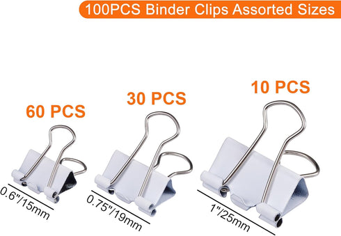 Binder Clips Assorted Sizes, White Binder Clips Set for Office and Home Use - Pack of 100 by NEEWAY