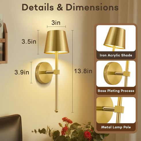 Set Dimmable LIGHTESS Battery Operated Wall Sconce of Two with Touch and Remote Control, Rechargeable Wall Lights