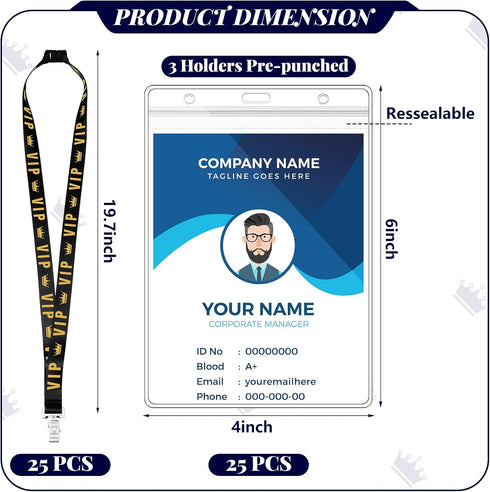Kosiz 25 Set VIP Badge Lanyards with 4 x 6 Inch Clear Credential Holders, Breakaway Black Lanyard for Events