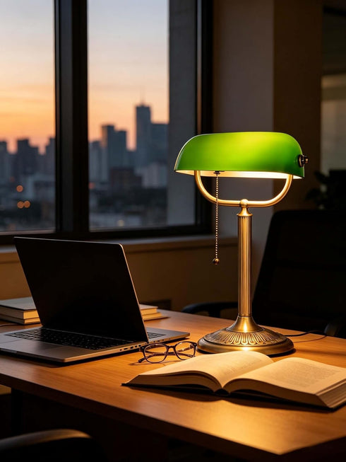 1-Minute Bulb Quick-Change Shade Classic Green Glass Bankers Desk Lamp for Study, Office, Library, LED Included