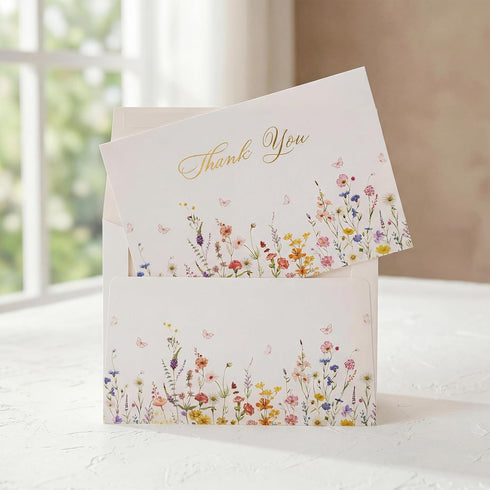 50 4x6 300gsm Crisky Floral Wildflower Thank You Cards with Envelopes, Sealing Matching Stickers, Blank Cards