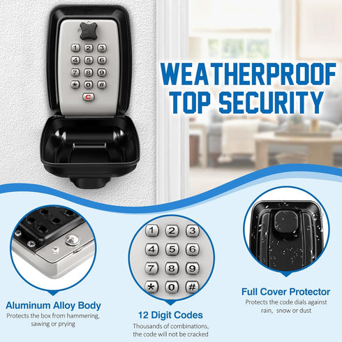 Key Safe Outdoor Waterproof Lockbox, 12 Digit Combination, Extra Large Key Storage Box with Weatherproof Cover, Police