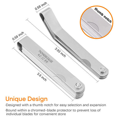 2-Piece 32-Blade Feeler Gauge and 16-Blade Offset Gauge Set, Dual Marked SAE & Metric Sizes