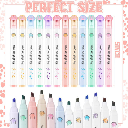 Harloon 12 Pcs Cat Paw Cute Highlighters, Kawaii Soft Chisel Tip Pastel Marker Pens for School Supplies