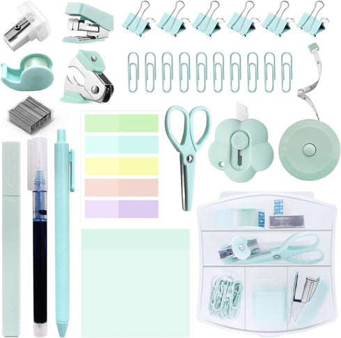 Mini Office Supply Kit, Teal Mini Stapler with Staples, Tape Dispenser Set, Includes Sticky Notes & Highlighters