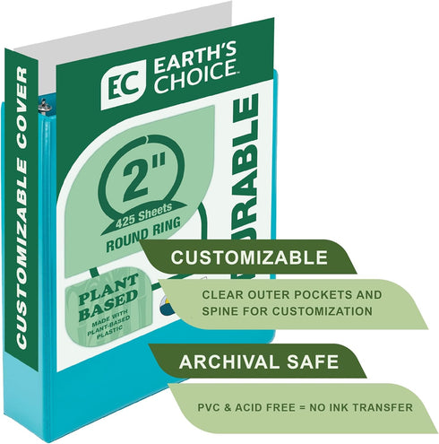 Samsill Earth's Choice Durable View 3 Ring Binder, Customizable, 2" Round Ring, Up to 25% Plant Based Plastic