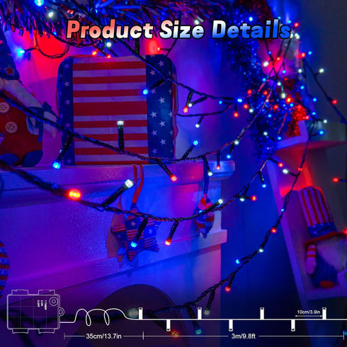 cshare 4th Lights16.4ft 50LED Red White and Blue String Lights Battry Operated with Timer Waterproof, of July String