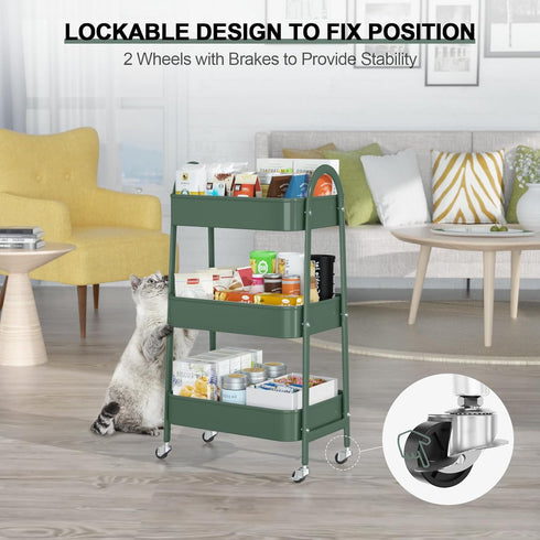 EAGMAK 3 Tier Utility Rolling Cart, Metal Storage Cart with Handle and Lockable Wheels for Kitchen, Living Room,