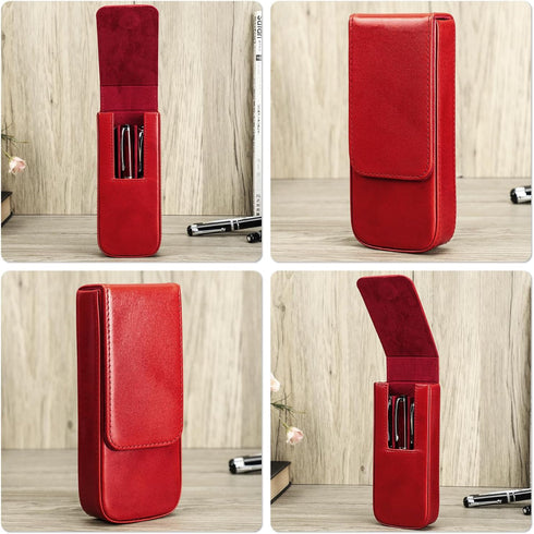 Top Grain Genuine Leather 3 Pen/Pencil Tray Case Holder, Handmade, Magnetic Closing, Glossy Red, 3 Slots, No Logo