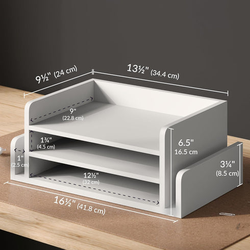 Ballucci 3-Tier Desk Organizer with 2 Side Mail Sorter Slots, Open Top Paper Organizer, Wood Letter Tray for Desktop