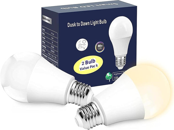 Dusk to Dawn LED Light Bulbs Outdoor, 13W Ultra Bright (100W Equivalent), 2700K Soft White, Auto On/Off, 2 Pack