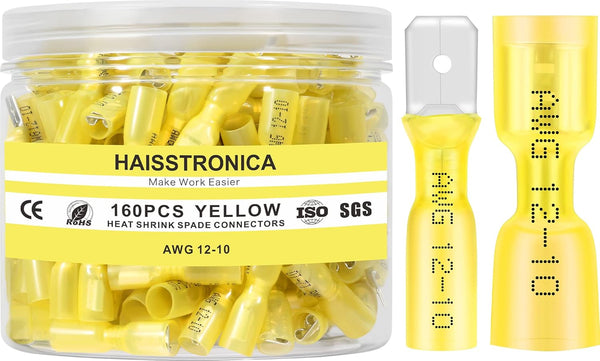 haisstronica 160PCS Yellow Heat Shrink Spade Connectors, AWG 12-10 Heat Shrink Spade Terminals Kit, Speaker Wire