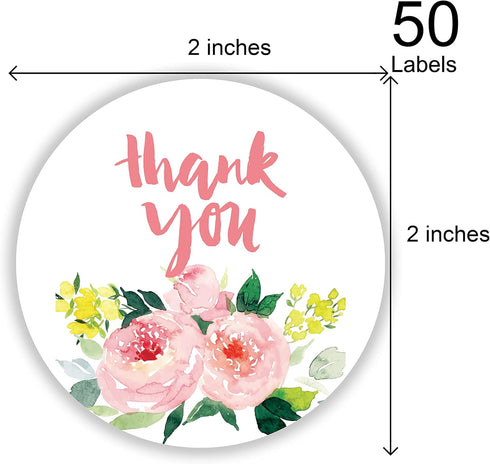 Pink Flower Thank You Stickers, 50PCS Self-Adhesive 2 Inch Labels for Wedding, Small Business, and Party Favors
