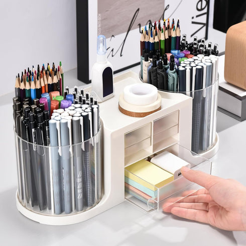Rotating Desk Organizer with 2 Pen Holders, 10 Slots Pencil Holder, 3 Drawer Art Supply Storage Box Caddy for Office,