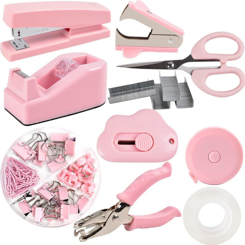 Desk Accessory Kit, Includes Stapler, Staples, Remover, Tape Dispenser, Scissors, Paper Clips, Hole Punch