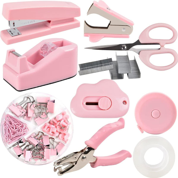 Desk Accessory Kit, Includes Stapler, Staples, Remover, Tape Dispenser, Scissors, Paper Clips, Hole Punch