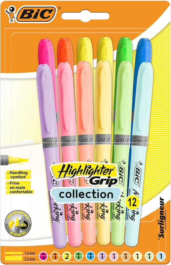 BIC Highlighter Grip, Ribbed Rubber Grip for Extra Comfort, Water-Based Ink, Assorted Colors, Pack of 12